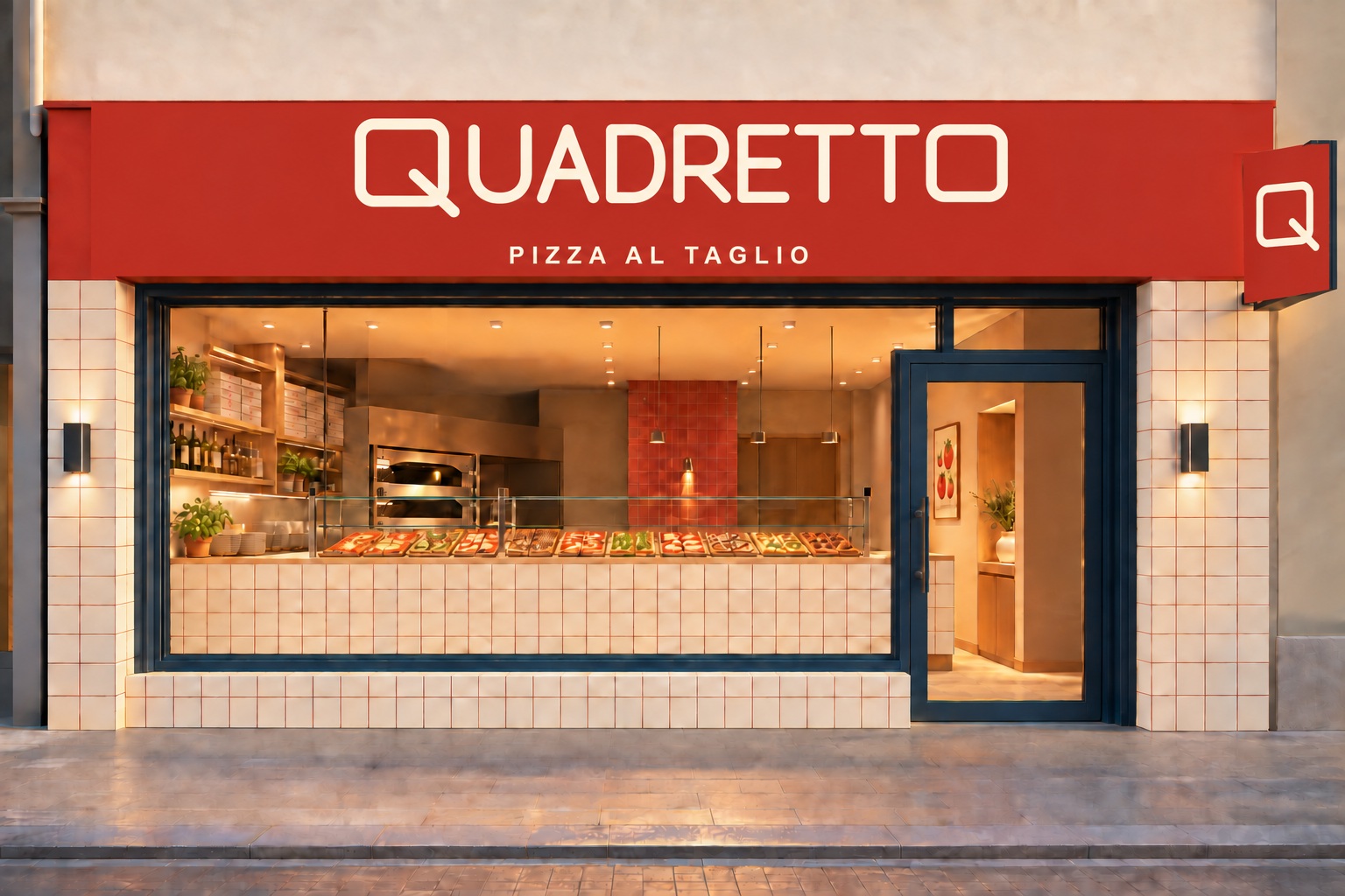 Rendering di facciata Quadretto con insegna rossa e marchio crema